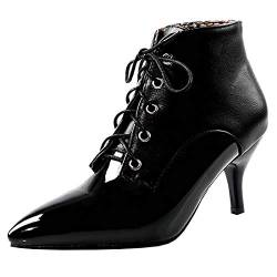 Etebella Damen Kitten Heels Stiefeletten mit Schnürung Pointed Toe Lack Ankle Boots Elegante Kleiner Absatz Schuhe(Schwarz,34) von Etebella