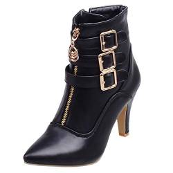 Etebella Damen Kleiner Absatz Stiefeletten Pointed Toe Ankle Boots High Heels mit Schnalle und Reißverschluss Moderne Schuhe (Schwarz,38) von Etebella