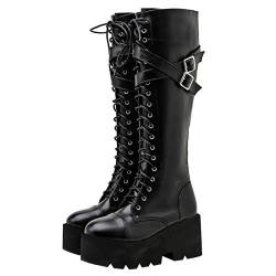 Etebella Damen Knee High Combat Boots Blockabsatz Plateau Gothic kniehohe Stiefel zum Schnüren Punk Schnalle Kniestiefel High Heels (Schwarz 3,41) von Etebella