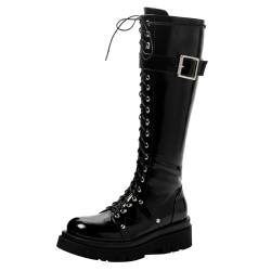 Etebella Damen Knee High Combat Boots Gothic Lack Kniehohe Stiefel zum Schnüren Flache Kniehoch stiefel Punk Schuhe(Schwarz,38) von Etebella