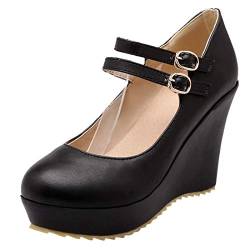 Etebella Damen Mary Jane High Heels Keilabsatz Pumps mit Riemchen und Plateau Rockabilly Wedges Schnallen Schuhe (Schwarz,36) von Etebella