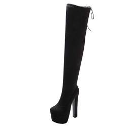 Etebella Damen Overknee Boots High Heel mit Schnürung Plateau Stiefel Blockabsatz Sexy Schuhe (Schwarz,36) von Etebella
