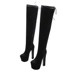 Etebella Damen Overknee Boots High Heel mit Schnürung Plateau Stiefel Blockabsatz Sexy Schuhe (Schwarz,41) von Etebella