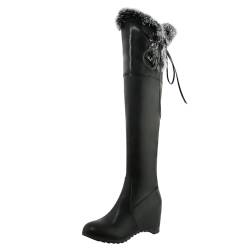 Etebella Damen Overknee Keilabsatz Stiefel mit Schnürsenkel und Fell Thigh High Heels Boots Warme Winterstiefel Schuhe (Schwarz,37) von Etebella