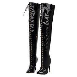 Etebella Damen Overknee Stiefel Lack mit Schnürung Langschaft Stiletto High Heels Spitz Zipper Boots Sexy Winter Schuhe (Schwarz,38) von Etebella