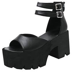 Etebella Damen Peeptoe Sandaletten Blockabsatz Plateau Sandalen Gothic High Heels mit Riemchen (Schwarz,37) von Etebella