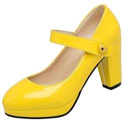 Etebella Damen Pumps Mary Janes mit Blockabsatz und Plateau Lack High Heels Rockabilly Schuhe(Gelb,40) von Etebella