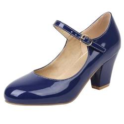 Etebella Damen Riemchen Mary Jane High Heels Pumps mit Blockabsatz und Schnalle Rockabilly Lack Schuhe(Marineblau,35) von Etebella