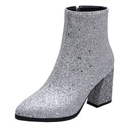 Etebella Damen Spitze High Heels Blockabsatz Stiefeletten Glitzer Ankle Boots Hochzeit Abend Schuhe (Silber,40) von Etebella