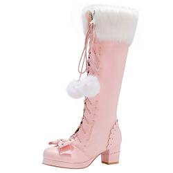 Etebella Damen Stiefel Blockabsatz High Heels Plateau Kniehohe Stiefel zum Schnüren mit Fell Süss Bow Knee Boots Schuhe(Rosa,38) von Etebella