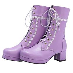 Etebella Damen Stiefeletten Blockabsatz Ankle Boots zum Schnüren mit Spitze und Plateau Süße Boots Schuhe (Violett,40) von Etebella