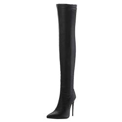 Etebella Damen Stretch Overknee Stiefel Stiletto High Heels Spitz Thigh Boots Elegante Zipper Schuhe (Schwarz 1,36) von Etebella