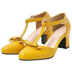 Etebella Damen T Steg Sandaletten Mary Jane Blockabsatz High Heels Pumps mit Schleife(Gelb,38) von Etebella
