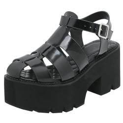 Etebella Damen T-spange Plateau Sandalen High Heels Blockabsatz Riemchen Sandaletten Goth Sommer Schuhe(Schwarz,37) von Etebella