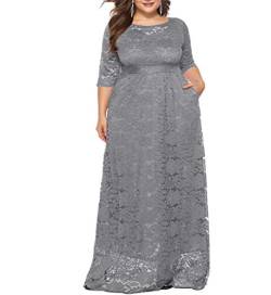 Eternatastic Damen Blumenspitze 2/3 Ärmel Maxikleid Übergröße Abendkleid Party Kleider, GRAU, 4X-Groß von Eternatastic