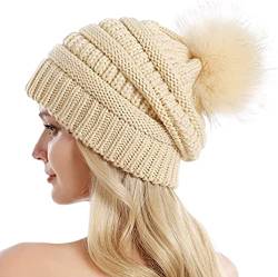 Etyepoh Strickmütze Damen Klassische Slouch Beanie Mütze Warme Grobstrick Wintermütze mit Kunstpelz Bommel (02-Beige) von Etyepoh