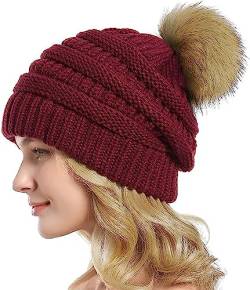 Etyepoh Strickmütze Damen Klassische Slouch Beanie Mütze Warme Grobstrick Wintermütze mit Kunstpelz Bommel (03-Rotwein) von Etyepoh