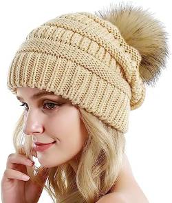 Etyepoh Strickmütze Damen Klassische Slouch Beanie Mütze Warme Grobstrick Wintermütze mit Kunstpelz Bommel (03-beige) von Etyepoh