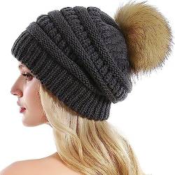 Etyepoh Strickmütze Damen Klassische Slouch Beanie Mütze Warme Grobstrick Wintermütze mit Kunstpelz Bommel (03-dunkelgrau) von Etyepoh