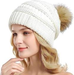 Etyepoh Strickmütze Damen Klassische Slouch Beanie Mütze Warme Grobstrick Wintermütze mit Kunstpelz Bommel (03-weiß) von Etyepoh