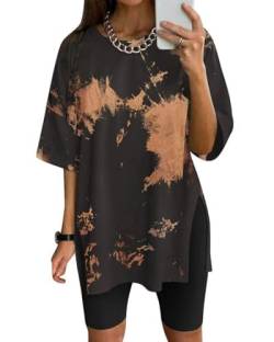 Eunike Damen Oversized Tshirt Kurzarm Workout Batik Shirt Loose Bluse Longshirt Sommer Tunika Locker mit Schlitzen schwarz-braun XL von Eunike