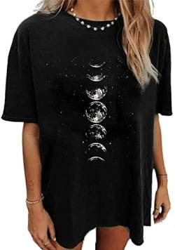 Eunike Oversize Shirt Damen Rundhals Kurzarm Oberteile Sommer Lockere Longshirt Bluse Mond Tunika Lässig Schwarz-weiß L von Eunike