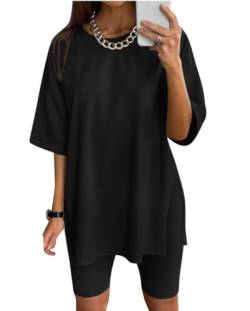 Eunike Oversized Tshirt Damen Sportshirt Kurzarm Blusen Sommer Lockere Oberteile Funktionsshirt Tunika Locker mit Schlitzen A-Schwarz L von Eunike