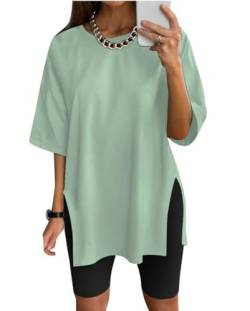 Eunike Oversized Tshirt Damen Sportshirt Kurzarm Blusen Sommer Lockere Oberteile Funktionsshirt Tunika Locker mit Schlitzen Grün S von Eunike