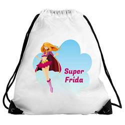 Eurofoto Turnbeutel mit Namen Frida und Motiv mit Superheldin/Super Mädchen | Sport-Beutel für Kinder | Gymbag von Eurofoto