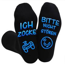 Eurtes Lustige Socken Zocken, Socken mit Spruch Bitte Nicht Stören Ich Zocke, Gaming Socken Coole Geschenke für Teenager, Rutschfeste Haussocken Weihnachtsgeschenke für Damen Herren (Blau) von Eurtes