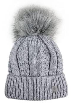 Ever Bloom Damen Bommelmütze mit Großem Kunstfell Bommel Abnehmbar, Warme Strickmütze Fellbommel Mütze, made in EU, Slouch Beanie für Frauen Mädchen, Mütze Farben:Grau von Ever Bloom