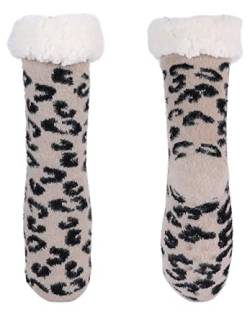 Ever Bloom Damen Stoppersocken für Winter und Weihnachten, Hüttensocke mit Innenfutter ABS Sohle, Warme Kuschelsocken Mädchen, Socken farbe:Leopard von Ever Bloom