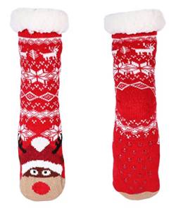 Ever Bloom Damen Stoppersocken für Winter und Weihnachten, Hüttensocke mit Innenfutter ABS Sohle, Warme Kuschelsocken Mädchen, Socken farbe:Rot Rot von Ever Bloom