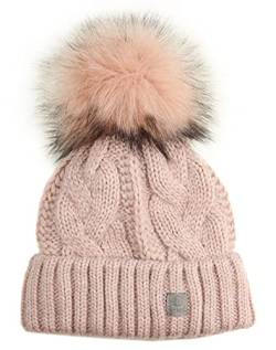 Ever Bloom Strickmütze Damen Zopfmuster, Beanie Mütze mit Kunstfell Bommel Abnehmbar, made in EU, Warme Wintermütze mit Fleece Innenfutter Hochwertig, Mütze Farben:Alt Rosa von Ever Bloom