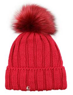 Ever Bloom Strickmütze Damen mit Kunstfell Bommel Abnehmbar, made in EU, Beanie Mütze Bommelmütze, Warme Wintermütze mit Thermo Fleece Innenfutter, Mütze Farben:Rot von Ever Bloom