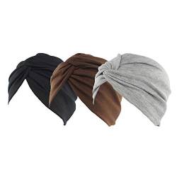 Ever Fairy 3 Stücke Chemotherapie Krebs Baumwolle Beanie Hut Elastizität Schlaf Turban Caps Head Wrap Cap Haarausfall Kappe für Frauen Headwear (Stil A (schwarz + dunkler Kaffee + grau)) von Ever Fairy