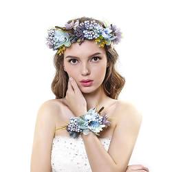 Ever Fairy Damen blumenkranz krone floral hochzeit girlande stirnband-handgelenk-band-set Blau One Size von Ever Fairy
