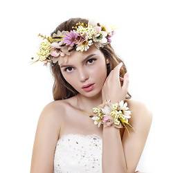 Frauen Mädchen Blumen Kranz Krone Haarband Girlande Floral Handgelenk Band Set für Hochzeit Gr. Einheitsgröße, von Ever Fairy