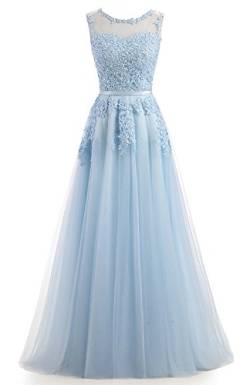 Ever Love A-Linie Lang Spitze T¨¹ll R¨¹ckenfrei Abendkleid Ballkleid Hochzeit Brautjungfernkleid mit Träger-Farbe: Himmelblau, Gr. 36 von Ever Love