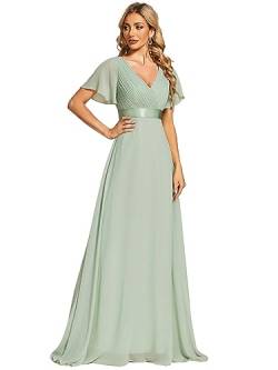 Ever-Pretty Damen A-Linie Chiffon Brautjungfernkleid V Ausschnitt Chiffon Hochzeit Bodenlang Abendkleid Minzgrün 46EU von Ever-Pretty