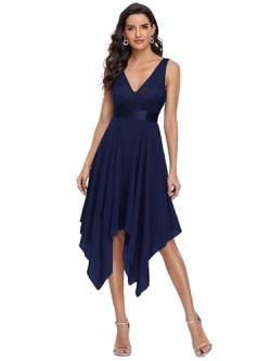 Ever-Pretty Damen Ärmellose V-Ausschnitt Empire A-Linie Spitze Chiffon Knielang Partykleider Cocktailkleider mit Unregelmäßig Saum Navy Blau 40EU von Ever-Pretty