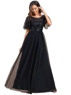 Ever-Pretty Damen Abendkleid A-Linie Spitze Kurze Ärmel Partykleid Lang Schwarz 42 von Ever-Pretty