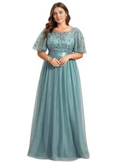 Ever-Pretty Damen Abendkleid A-Linie Spitze Kurze Ärmel Partykleid lang Dunkles Himmelblau 40 von Ever-Pretty