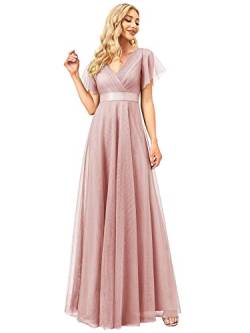 Ever-Pretty Damen Abendkleid A-Linie Tüll Brautjungfer Partykleid Kurze Ärmel Lang Rosa 46EU von Ever-Pretty