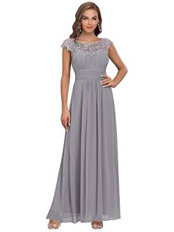 Ever-Pretty Damen Abendkleider Kurze Ärmel Rundkragen Spitze Empire A-Linie Elegant Chiffon Bodenlang Brautkleider Grau 56EU von Ever-Pretty