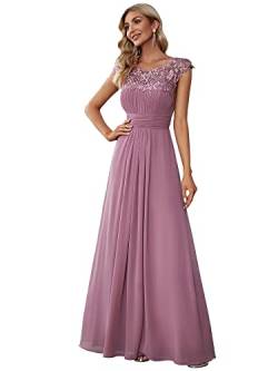 Ever-Pretty Damen Abendkleider Kurze Ärmel Rundkragen Spitze Empire A-Linie Elegant Chiffon Bodenlang Spitzenkleider Orchidee 38EU von Ever-Pretty