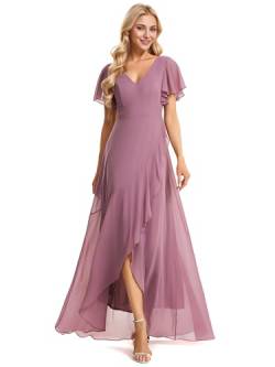 Ever-Pretty Damen Cocktailkleider V-Ausschnitt Asymmetrisch BodenKurze Ärmel Chiffon Rückenfrei Elegant Orchidee 44EU von Ever-Pretty