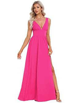 Ever-Pretty Damen Einstellbar Spaghetti-Träger Spitze Asymmetrisch Übergröße Bodenlangen Hochzeitskleider für Braut Heiß Rosa 48EU von Ever-Pretty