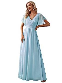 Ever-Pretty Damen Festliches Kleider Gürtel A-Linie Empire Kurze Ärmel Cocktailkleider V-Ausschnitt Chiffon Elegant Himmelblau 52EU von Ever-Pretty