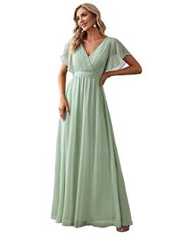 Ever-Pretty Damen Festliches Kleider Gürtel A-Linie Empire Kurze Ärmel Cocktailkleider V-Ausschnitt Chiffon Elegant Minzgrün 52EU von Ever-Pretty